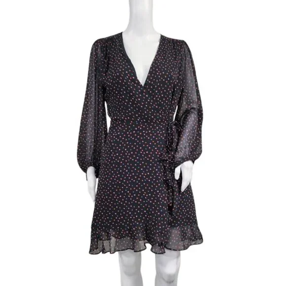 Banana Republic Wedding Guest Heart Twee Y2K Valentine Mini Wrap Dress Black 2 - Picture 3 of 12